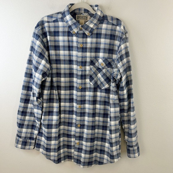 Duluth Trading Co Shirt Mens L Button Down Long Sleeve Windowpane Plaid Trim Fit - Picture 1 of 10